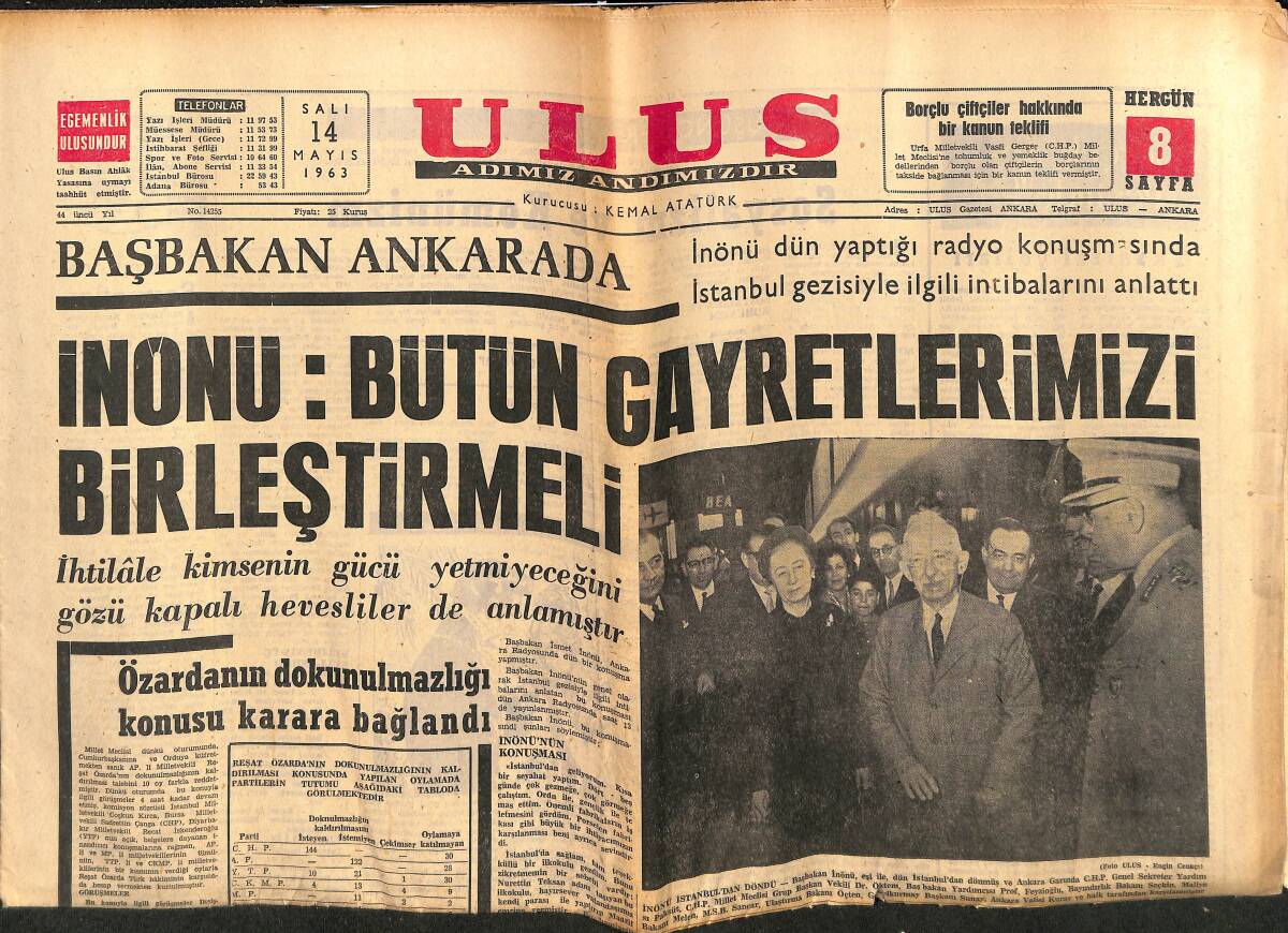 Ulus Gazetesi 14 Mayıs 1963 - Başbakan İnönü Ankara'da - Kennedy Dün Alabama'ya Kuvvet Gönderdi GZ151604 - 1