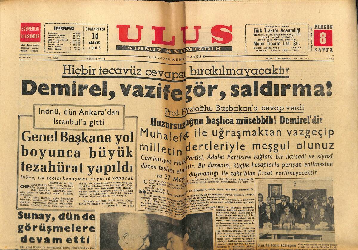 Ulus Gazetesi 14 Mayıs 1966 - Bayar , 6 Ay Daha Evinde - Demirel , Vazife Gör , Saldırma ! GZ150564 - 1
