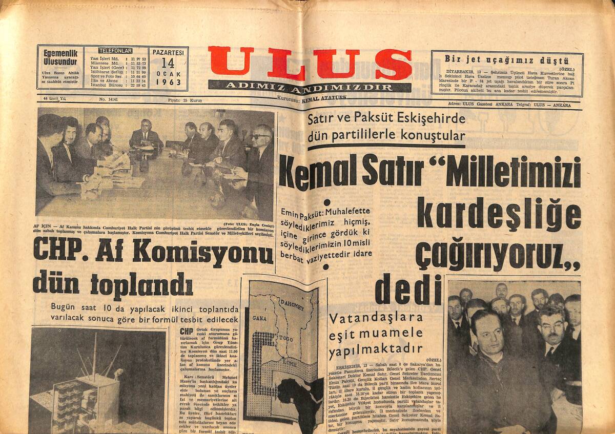 Ulus Gazetesi 14 Ocak 1963 - Kemal Satır Milleti Kardeşliğe Çağırıyor - Beşiktaş Beraberliği Güçlükle Kurtardı GZ151636 - 1
