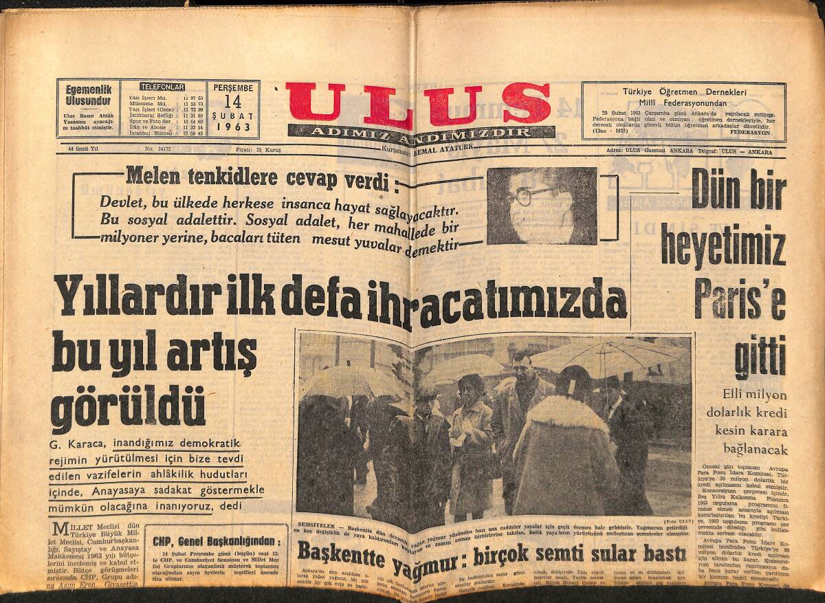 Ulus Gazetesi 14 Şubat 1963 - Basra Çevresinde Çok Kanlı Çarpışmalar Oluyor - Yıllardır İlk Defa İhracatımızda Bu Yıl Artış Görüldü GZ151477 - 1