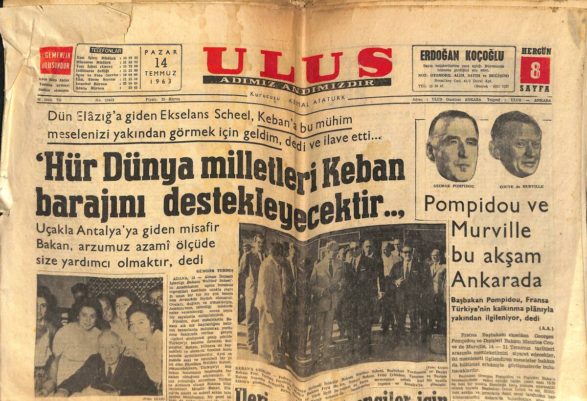 Ulus Gazetesi 14 Temmuz 1963 - Başbakan Pompidou ve Murville Bu Akşam Ankara'da - CHP'nin 40.Yılı Törenle Kutlanacak - İstanbul'da Gece Yasağı Kalktı GZ158923 - 1