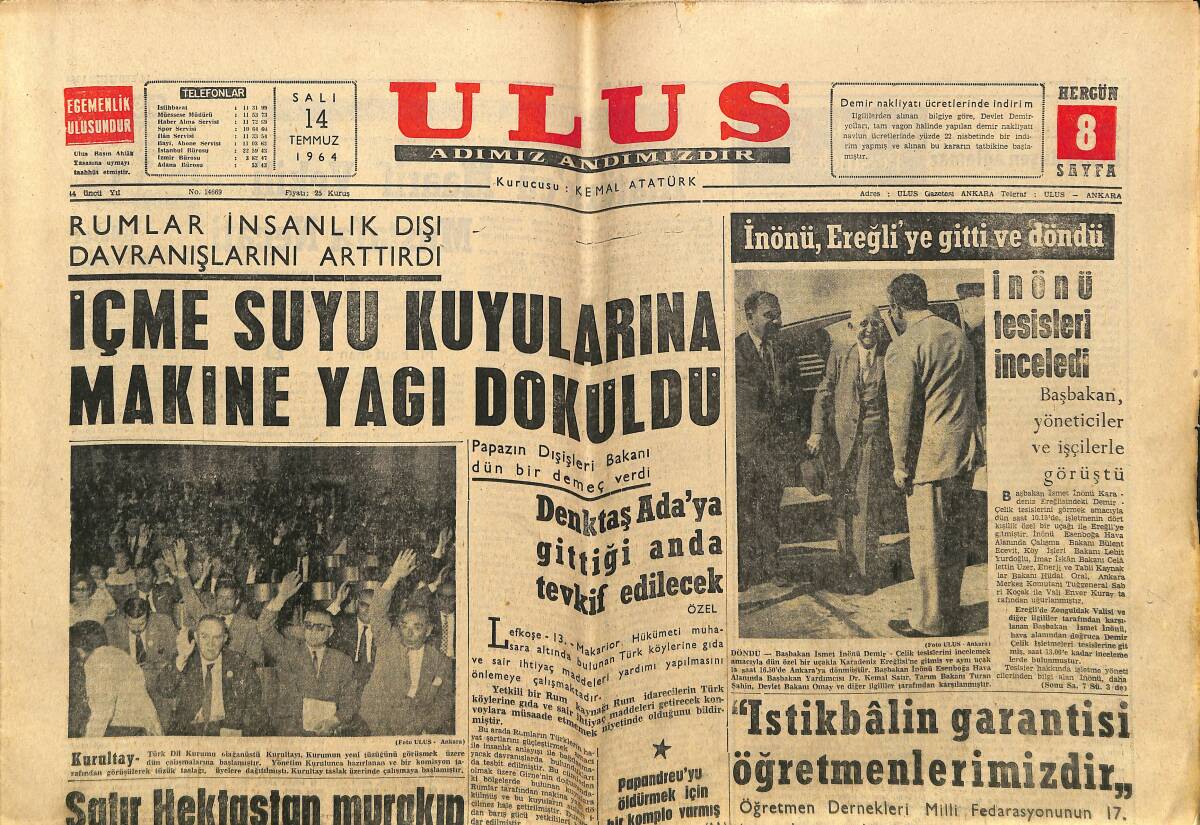 Ulus Gazetesi 14 Temmuz 1964 - Atina'da Zehirlenen 19 Kişi Öldü - Artvin'de Senato Seçimi Bozuldu GZ150605 - 1