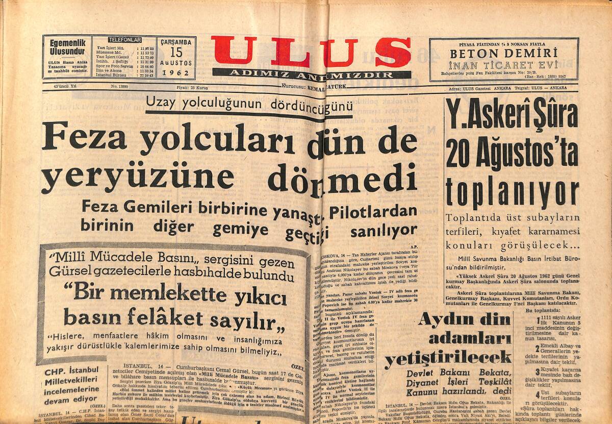 Ulus Gazetesi 15 Ağustos 1962 - Feza Yolcuları Dün De Yeryüzüne Dönmedi - Aydın Din Adamları Yetiştirilecek GZ151423 - 1