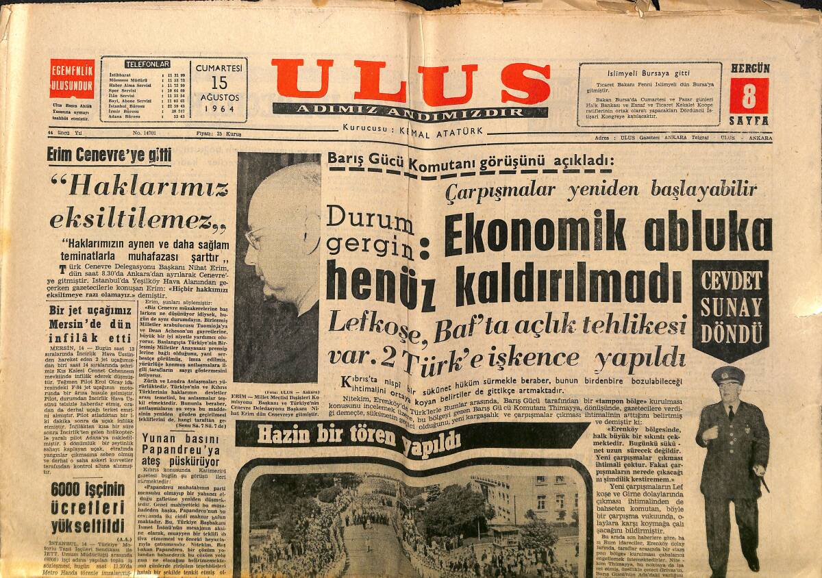 Ulus Gazetesi 15 Ağustos 1964 - Fransa Sağlık Bakanı Geliyor - 6000 İşçinin Ücretleri Yükseltildi GZ150659 - 1