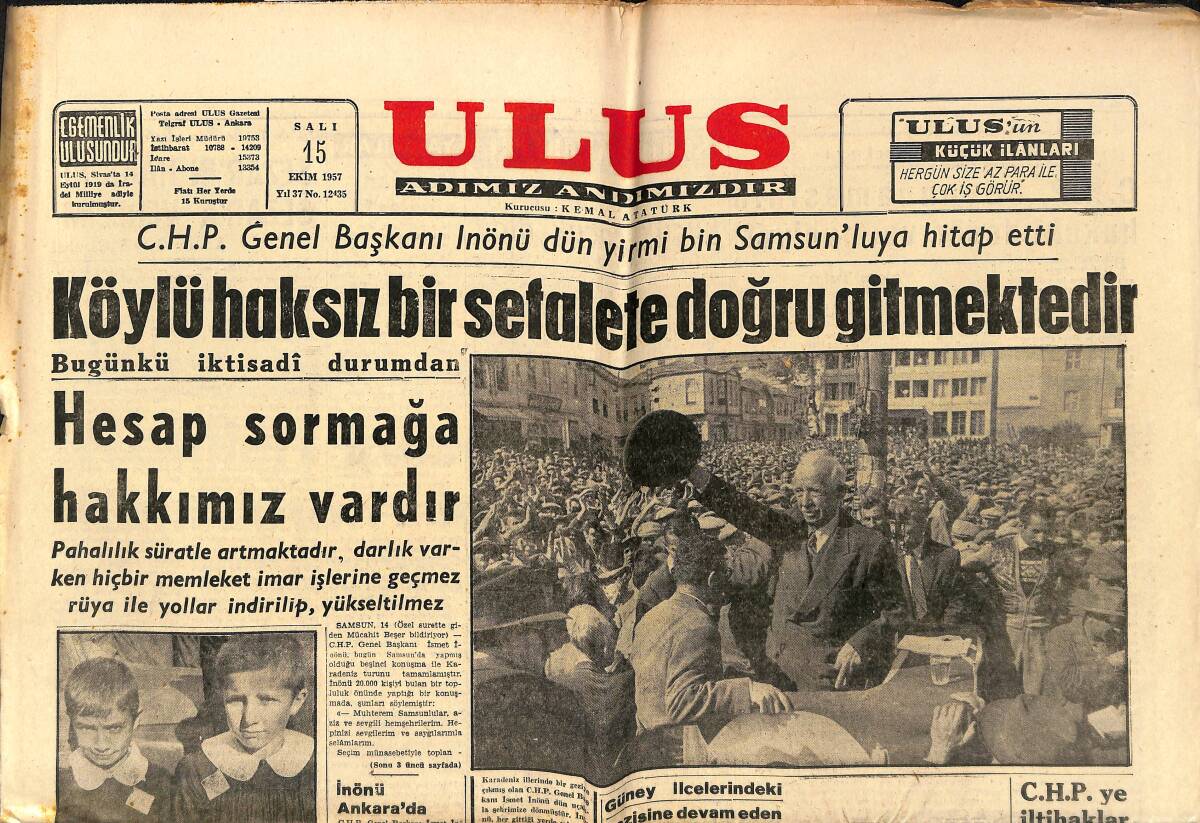 Ulus Gazetesi 15 Ekim 1957 - Kırşehir'de Halk Savcıyı Yuhaladı - İnönü Ankara'da GZ150683 - 1