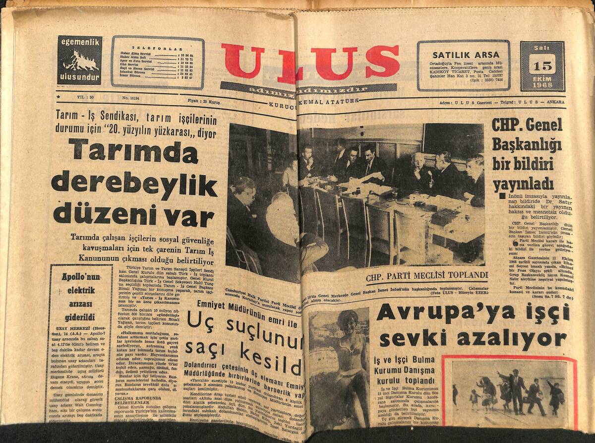Ulus Gazetesi 15 Ekim 1968 - Avrupa'ya İşçi Sevki Azalıyor - Tarımda Derebeylik Düzeni Var GZ151559 - 1