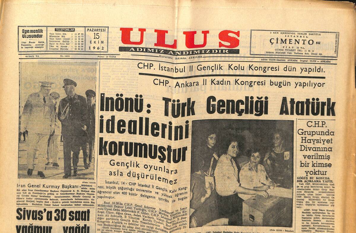 Ulus Gazetesi 15 Ekim 1968 - İnönü: Türk Gençliği Atatürk İdeallerini Korumuştur - Sivas'ta Tifoyla Savaş GZ148549 - 1
