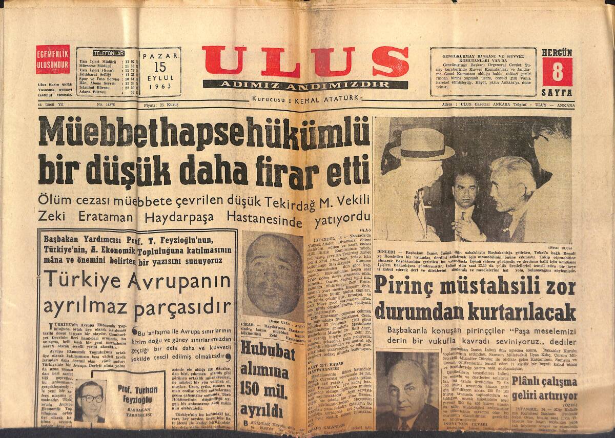 Ulus Gazetesi 15 Eylül 1963 - Türkiye Avrupa'nın Ayrılmaz Parçasıdır - Beyin Nakli De Mümkün Olacak GZ146868 - 1