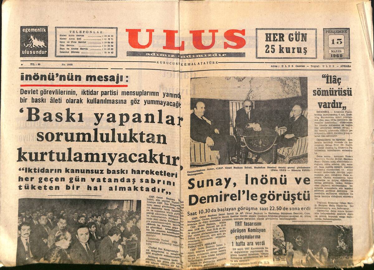 Ulus Gazetesi 15 Mayıs 1969 - Apollo-10 Ay Çevresinde 241 Saat Kalacak - Sunay , İnönü Ve Demirel'le Görüştü GZ150721 - 1