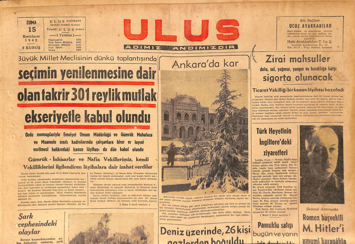 Ulus Gazetesi 15 Ocak 1943 - Sovyetler 26 Tank Kaybettiler - CHP Umumi İdare Heyetinde GZ160805 - 1