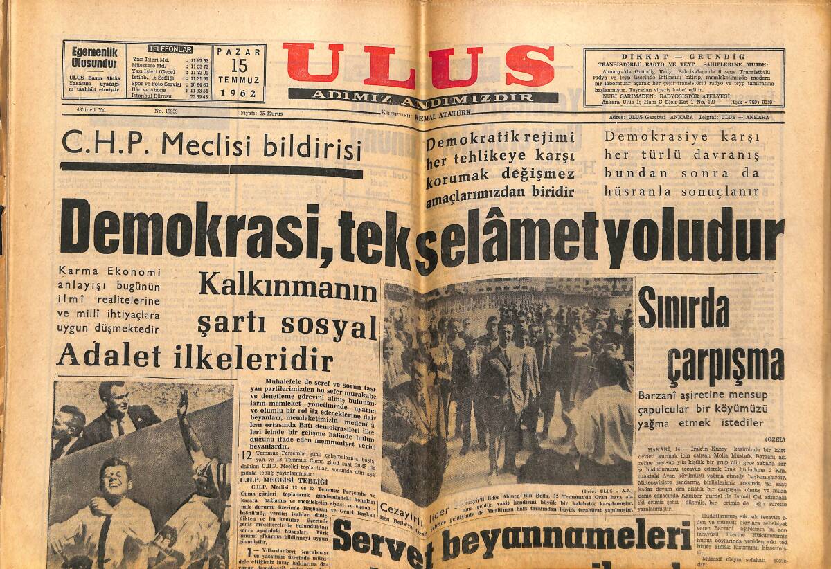 Ulus Gazetesi 15 Temmuz 1962 - Başkan Kennedy Beyzboll Maçında Heyecanlandı - Kadri Tekrar Galatasaray'da GZ151483 - 1