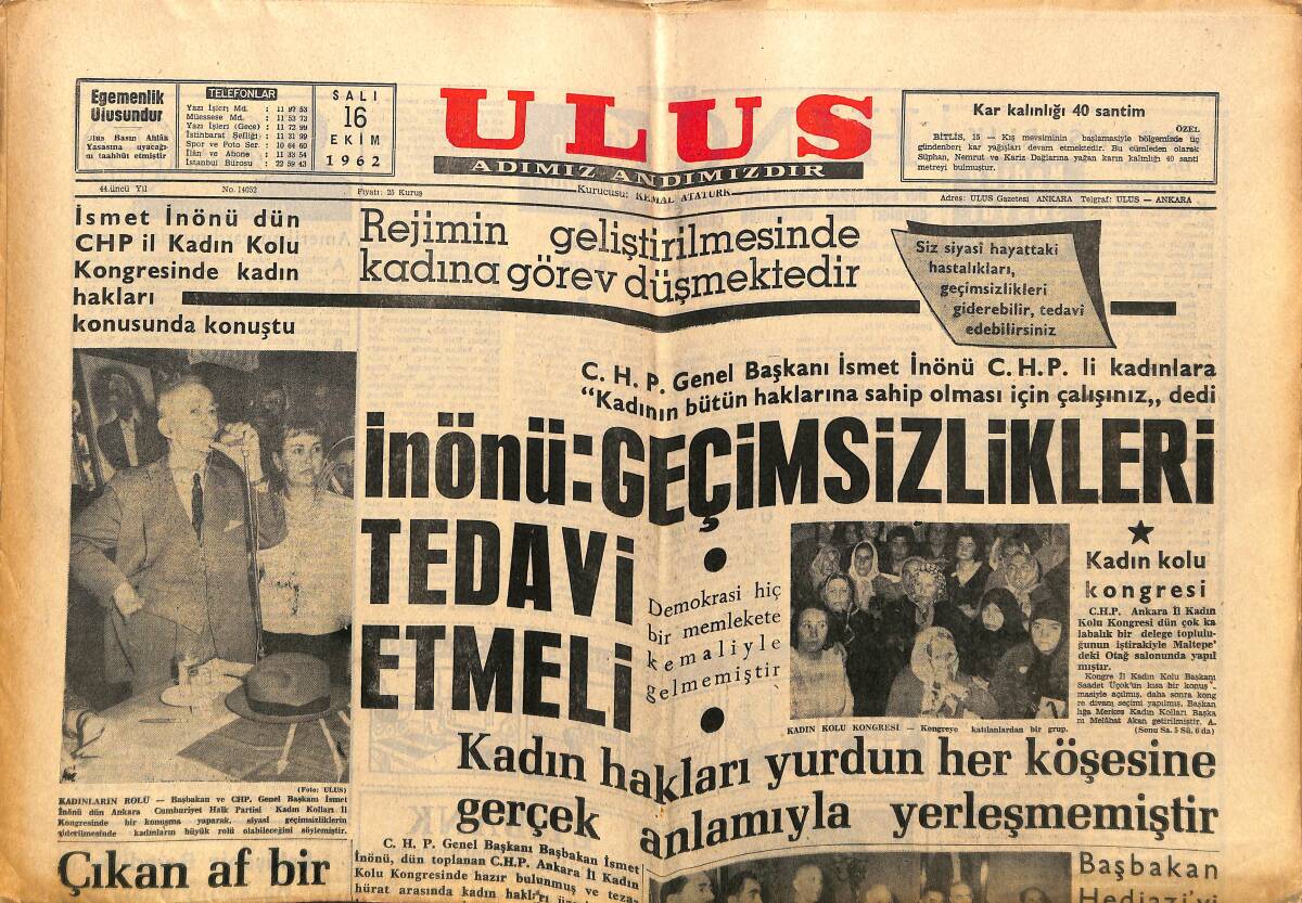Ulus Gazetesi 16 Ekim 1962 - Can Bartu İtalya'da Haftanın Oyuncusu Unvanını Korudu - Zeki Müren Göl Gazinosundaki Konserlerini 6 Gün Uzatmıştır GZ150780 - 1