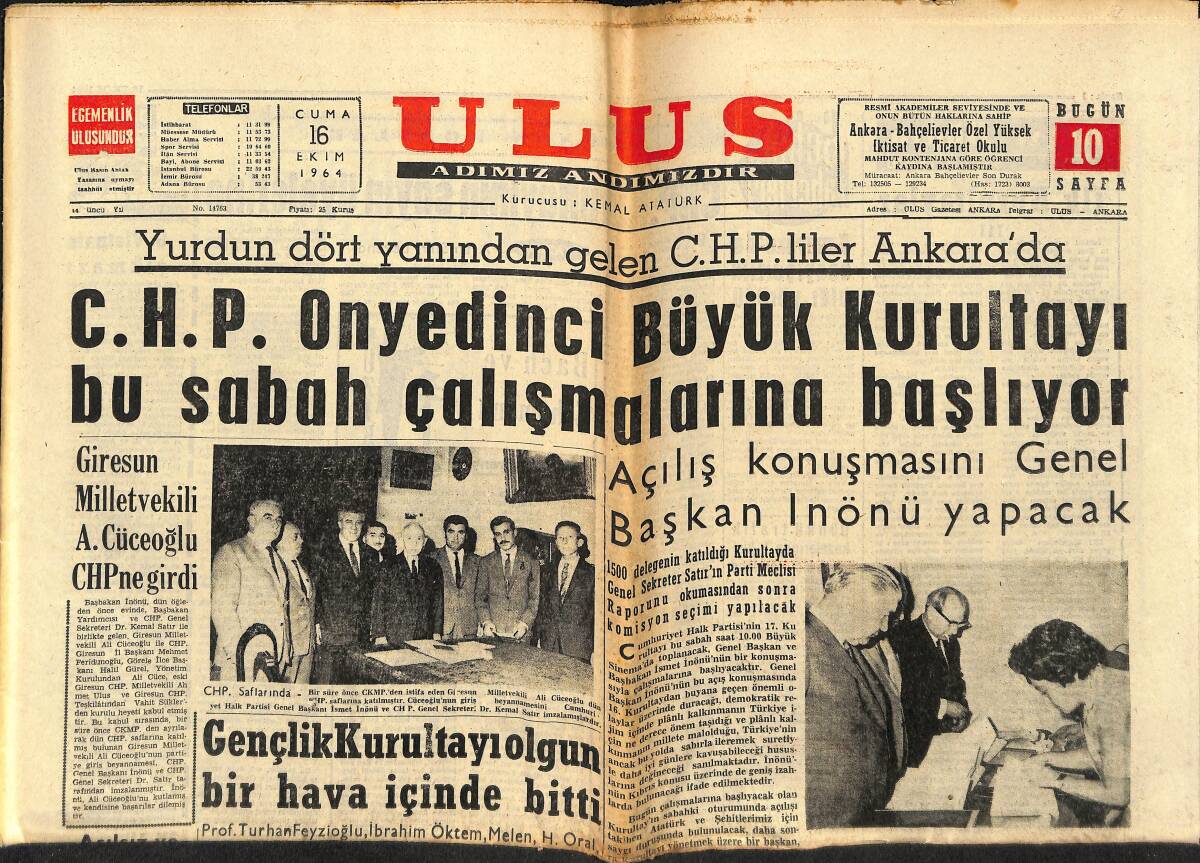 Ulus Gazetesi 16 Ekim 1964 - Giresun Milletvekili A. Cüceoğlu CHP'ye Girdi - Galatasaray'ın Rakibi Legia GZ150629 - 1