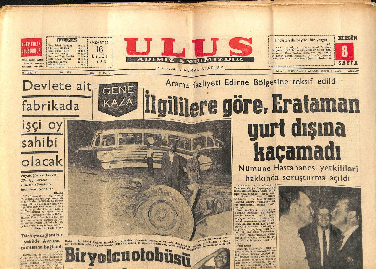 Ulus Gazetesi 16 Eylül 1963 - Galatasaray Beykoz'u Metin'in Golleriyle Yendi - Atatürk'ü De İnkar Ediyorlar GZ147267 - 1