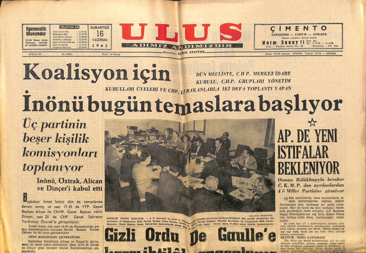 Ulus Gazetesi 16 Haziran 1962 - Lübnan'da 310 Kişi Muhakeme Ediliyor - Doğu'da Şarbon Ve Şap Hastalığı GZ150671 - 1