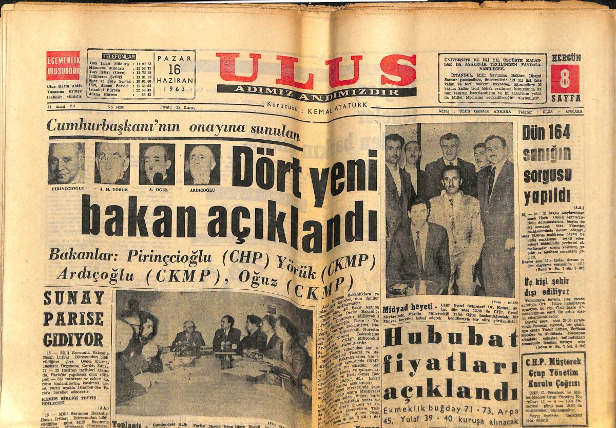 Ulus Gazetesi 16 Haziran 1963 - Sunay Paris'e Gidiyor - Galatasaray Hacettepe'yi 6 Golle Yendi GZ151552 - 1