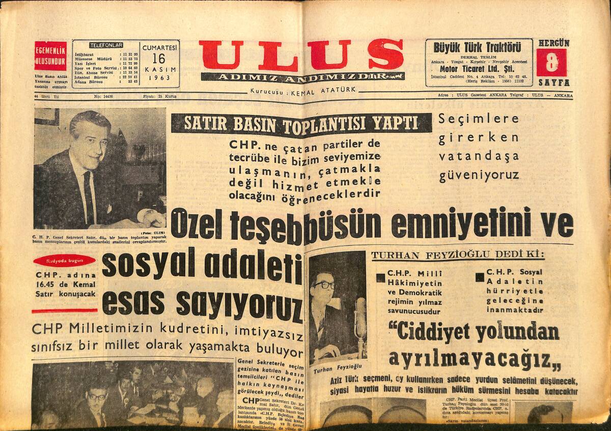Ulus Gazetesi 16 Kasım 1963 - Kayseri'de A.P. Ezildi - İdareciler Görevini Tarafsız Yapıyorlar GZ150284 - 1