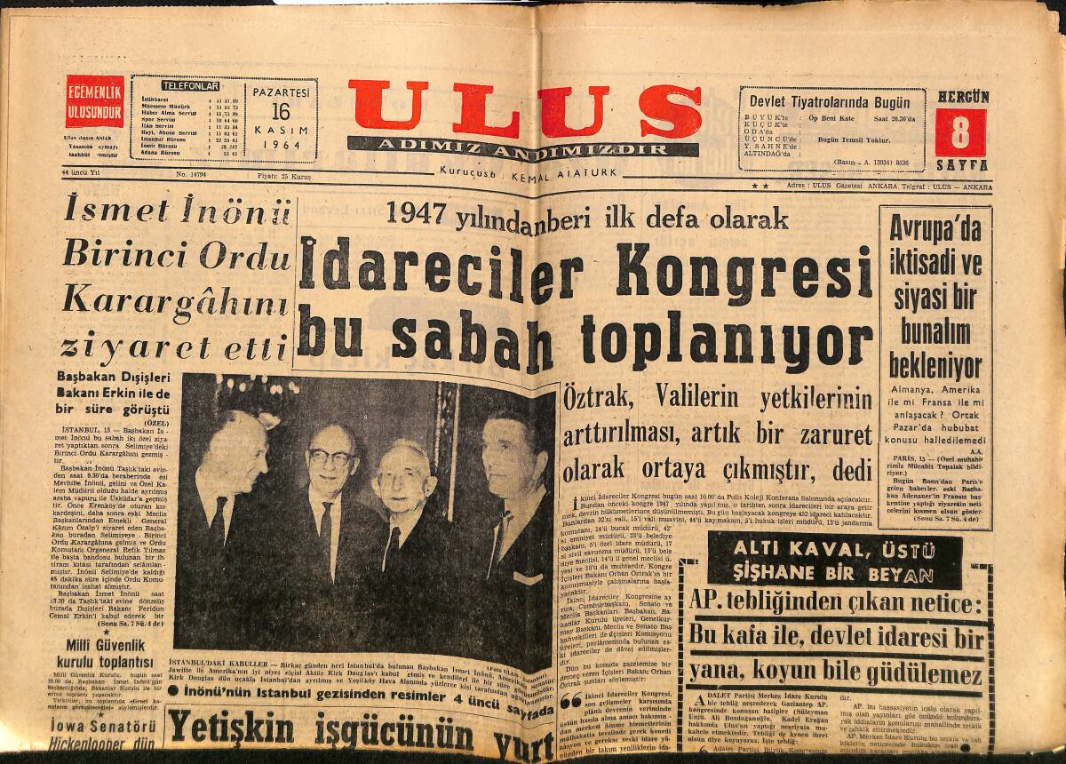 Ulus Gazetesi 16 Kasım 1964 - Türkiye Köycülük Derneği Kuruldu - İdareciler Kongresi Bu Sabah Toplanıyor GZ150641 - 1
