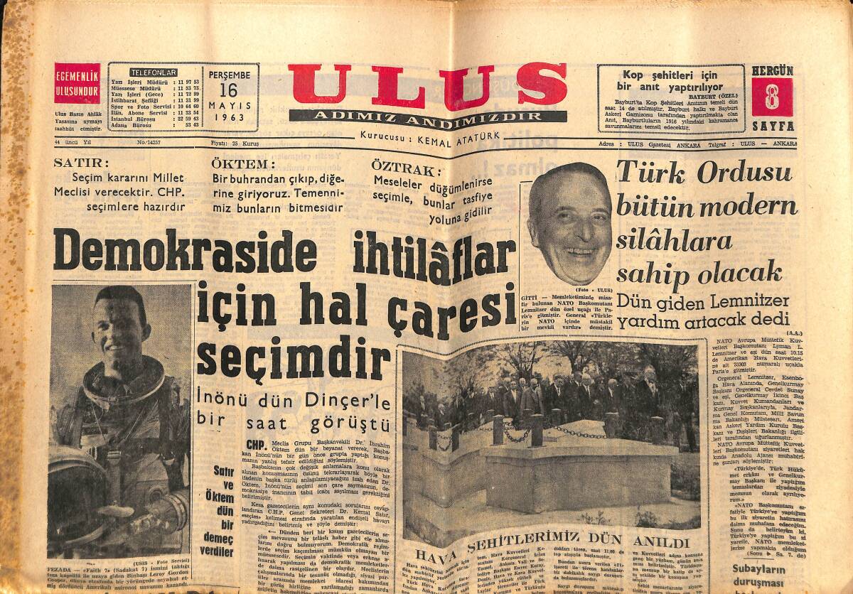 Ulus Gazetesi 16 Mayıs 1963 - Türk Ordusu Bütün Modern Silahlara Sahip Olacak - 16. Uluslararası Cannes Film Festivali GZ151445 - 1