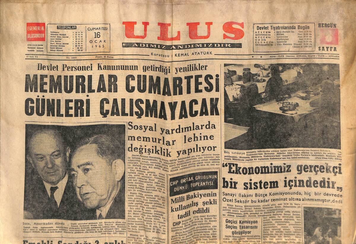 Ulus Gazetesi 16 Ocak 1965 - Memurlar Cumartesi Günleri Çalışmayacak - İngiltere'de Saray Mensupları Açık Saçık Dolaşamayacak GZ152624 - 1