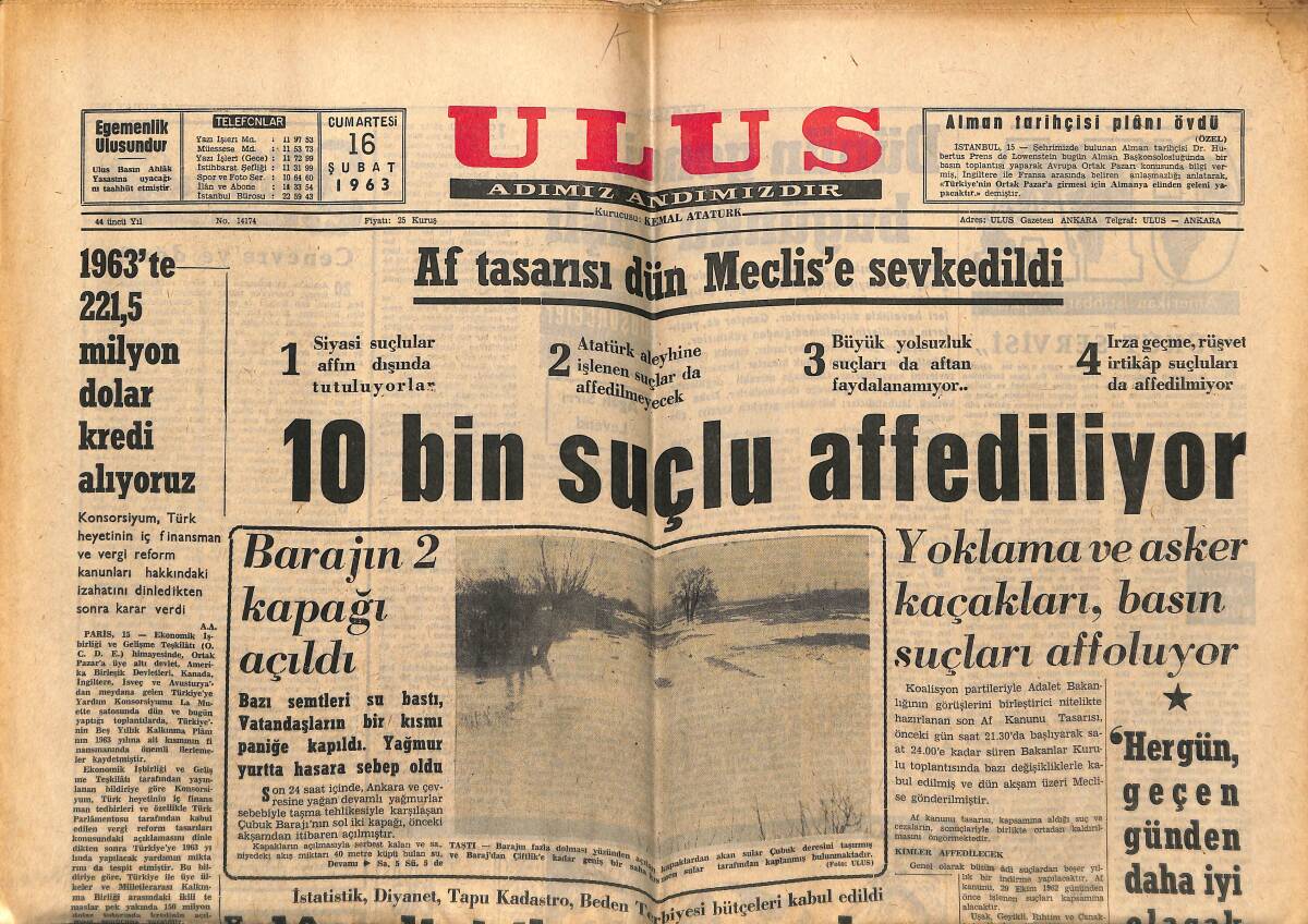 Ulus Gazetesi 16 Şubat 1963 - Irak Haberleşmeye Sıkı Bir Sansür Koydu - De Gaulle'ye Suikast Teşebbüsü GZ152612 - 1