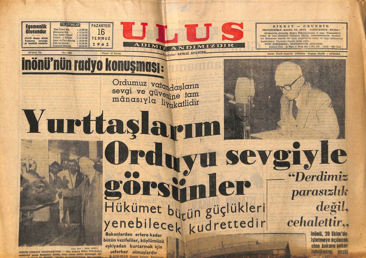 Ulus Gazetesi 16 Temmuz 1962 - Cezayir'de Kumandanlar Buhrana Bir Çare Arıyor - Bakanlarla Özel Sektörün Toplantısı GZ152611 - 1