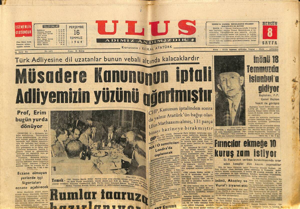 Ulus Gazetesi 16 Temmuz 1964 - İnönü 18 Temmuz'da İstanbul'a Geliyor - Salinger Dünya Turuna Çıkıyor GZ150606 - 1