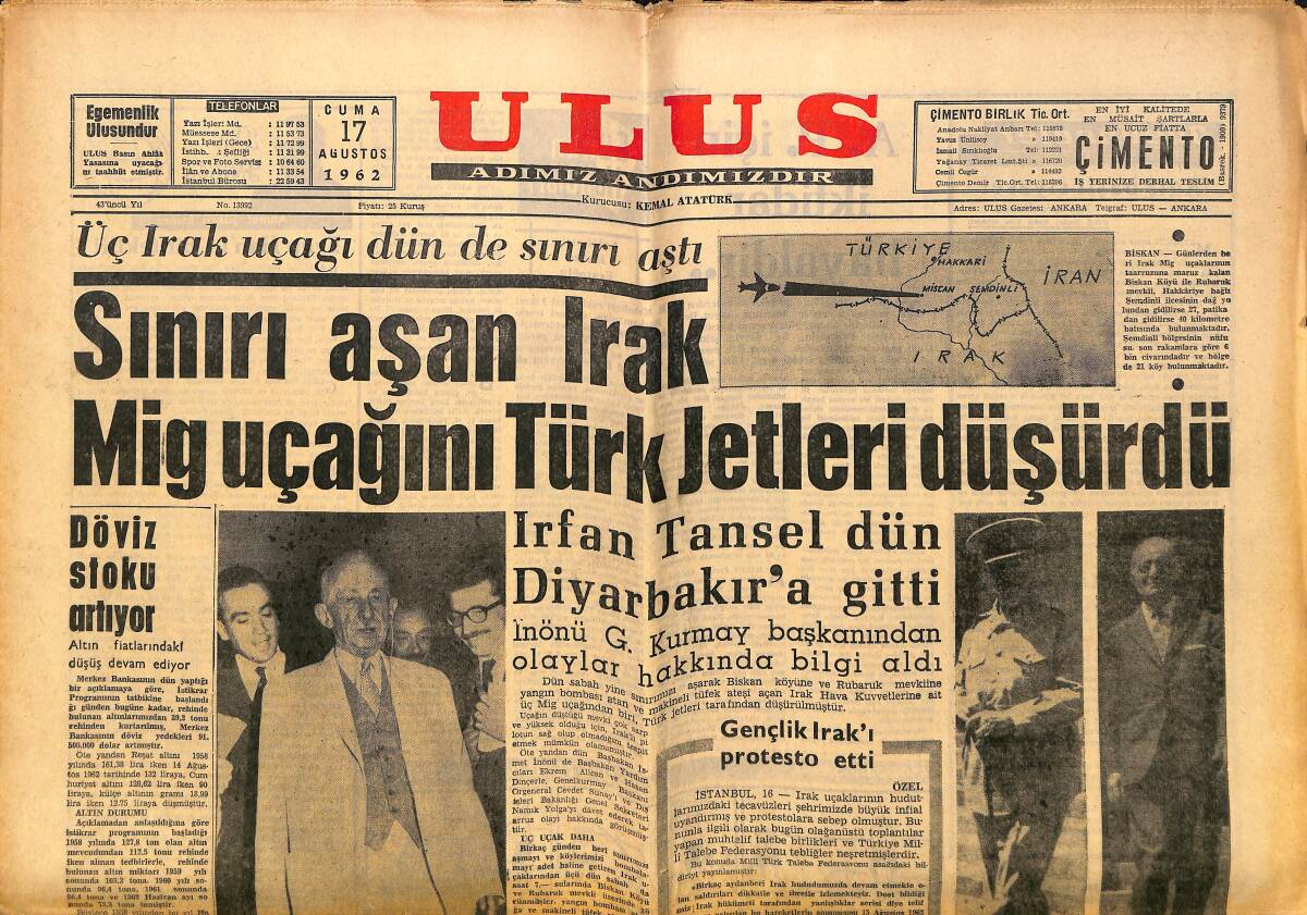 Ulus Gazetesi 17 Ağustos 1962 - Sınırı Aşan Irak Mig Uçağını Türk Jetleri Düşürdü - Kıbrıs Devletinin Kuruluş Yıldönümü GZ150649 - 1