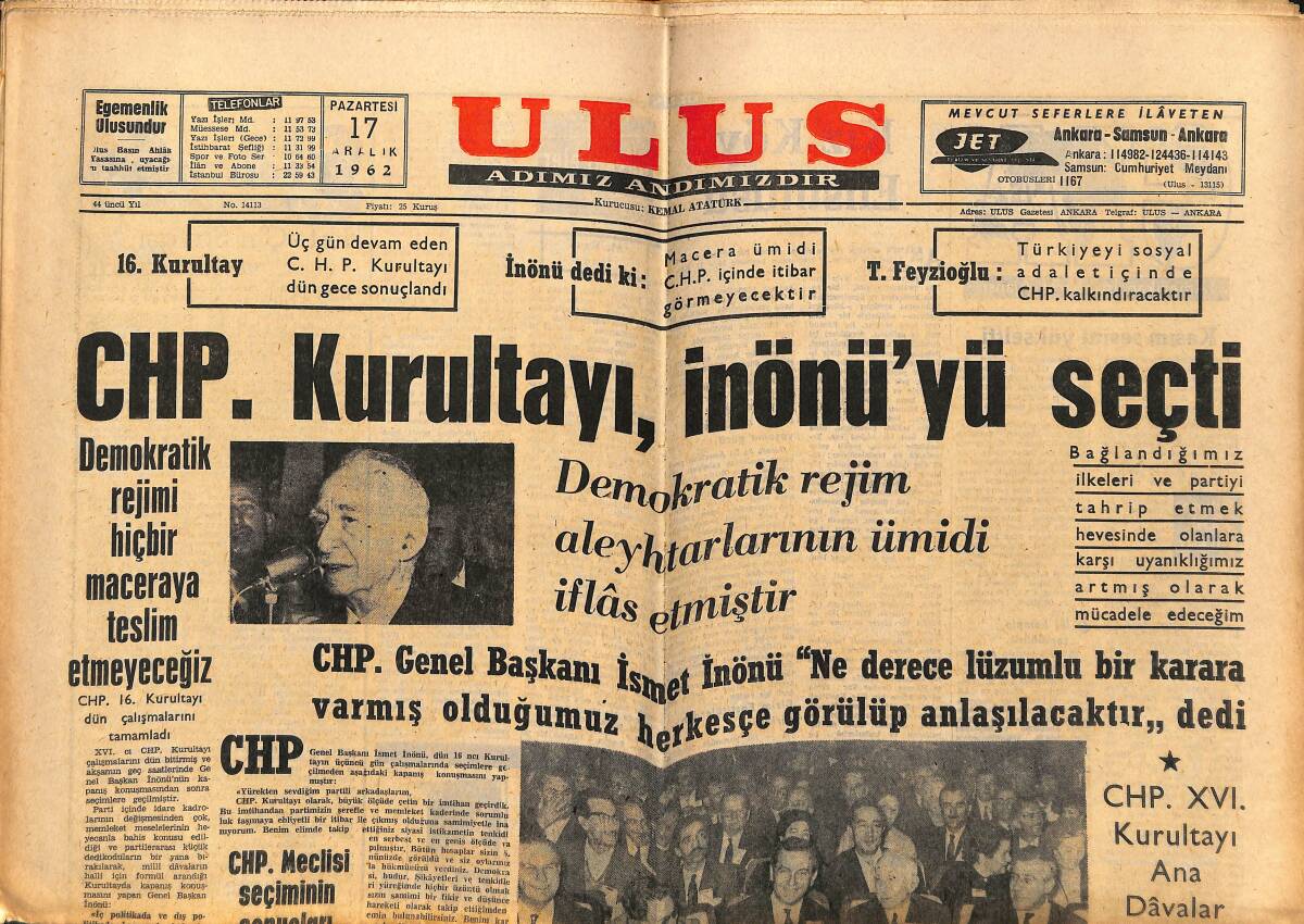 Ulus Gazetesi 17 Aralık 1962 - CHP Kurultayı İnönü'yü Seçti - Ch. Laughton Dün Gece Öldü GZ148591 - 1
