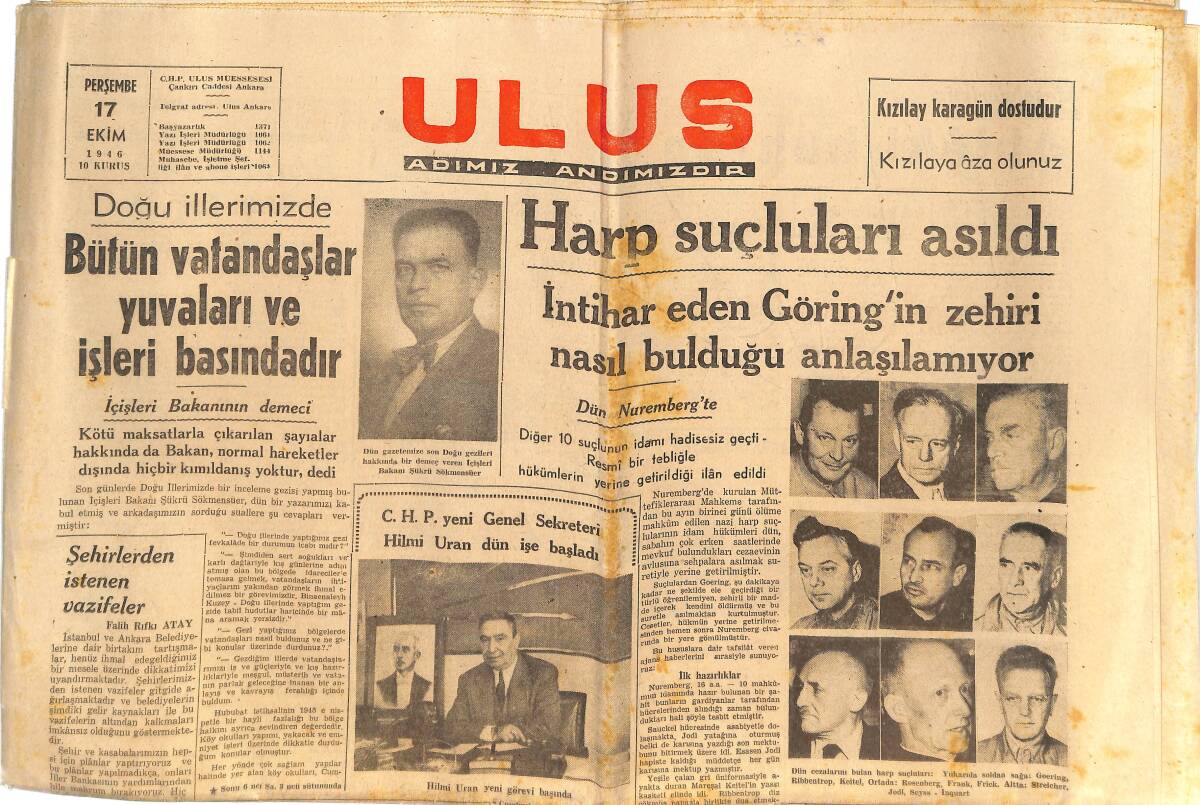 Ulus Gazetesi 17 Ekim 1946 - İntihar Eden Göring'in Zehri Nasıl Bulduğu Anlaşılamıyor - Bütün Vatandaşlar Yuvaları Ve İşleri Başındadır GZ146798 - 1