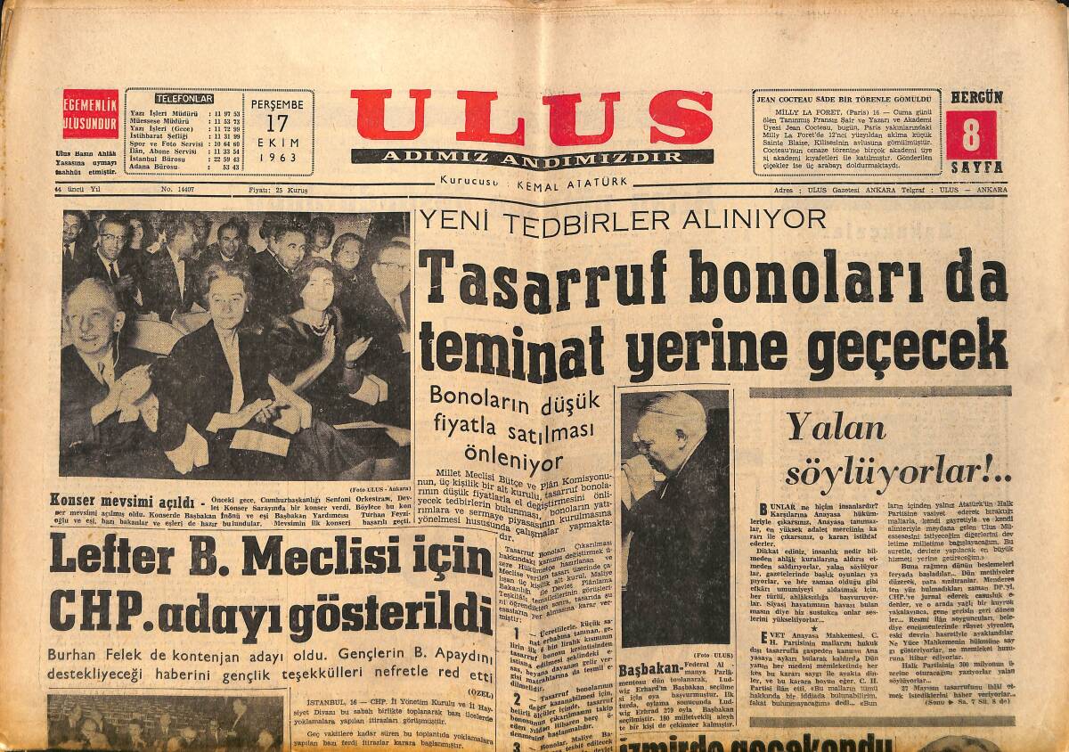 Ulus Gazetesi 17 Ekim 1963 - Lefter B.Meclisi İçin CHP Adayı Gösterildi - Askeri Mahkemeler Tasarısı Hazırlandı GZ152490 - 1