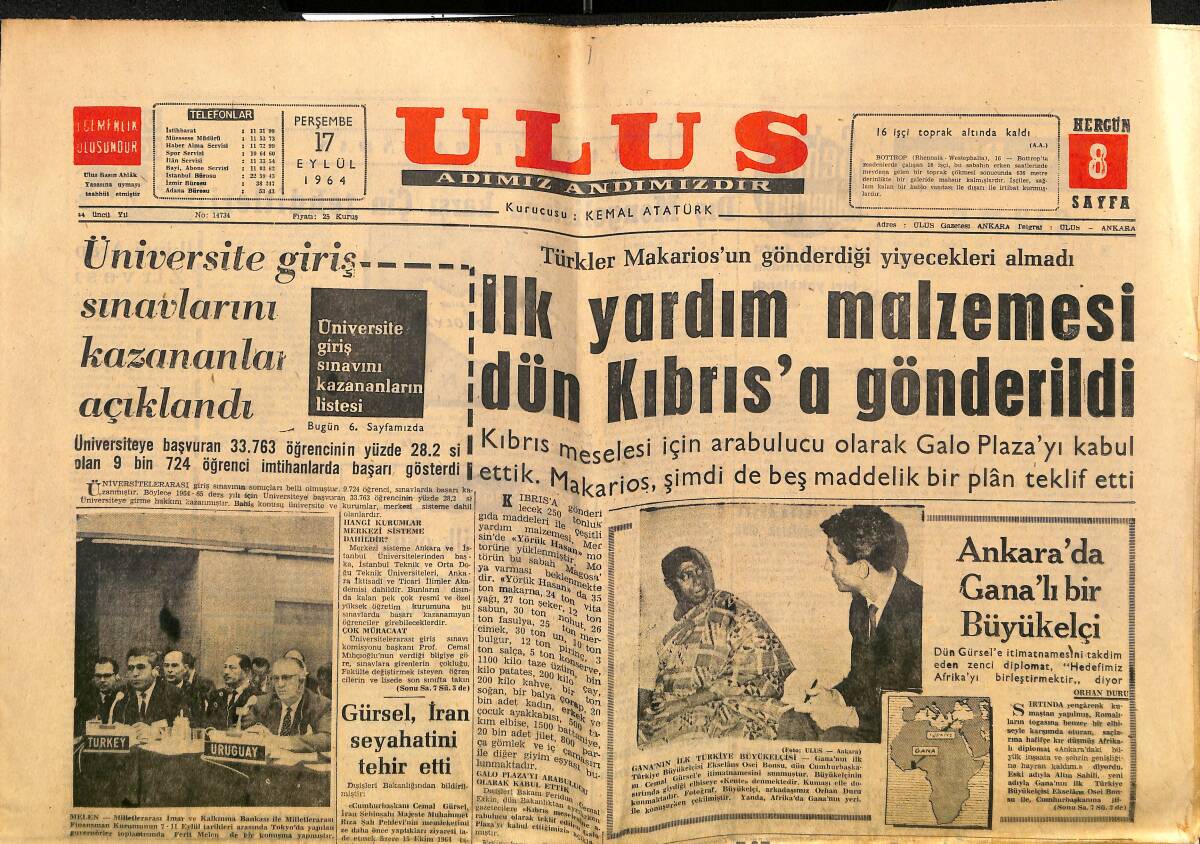 Ulus Gazetesi 17 Eylül 1964 - İstanbul'da Ferah Sineması Yandı - Artvin'de Seçim Kampanyası GZ150613 - 1