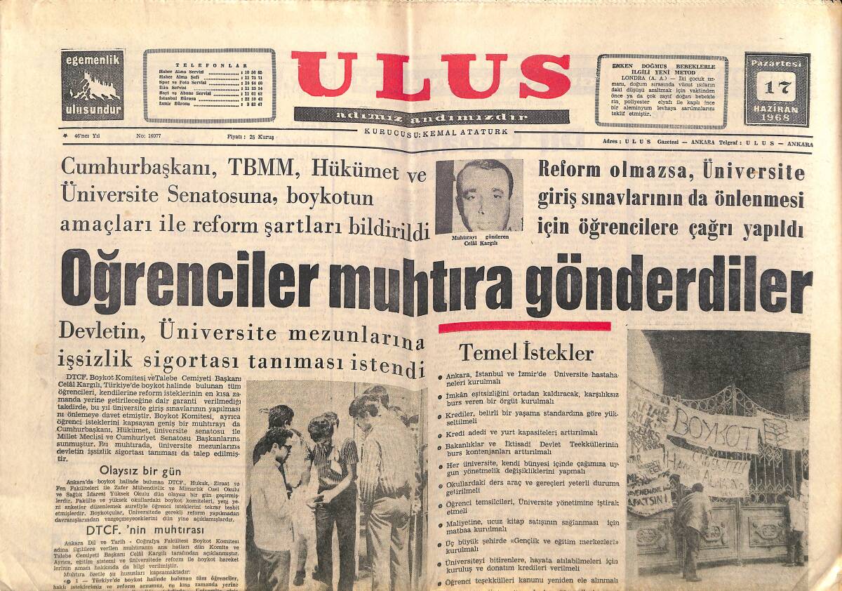 Ulus Gazetesi 17 Haziran 1968 - Amerika'nın Askeri Yardımı Azaltılacak - Gina , Tekrar Gelmek Dileğiyle İstanbul'dan Gitti GZ150706 - 1