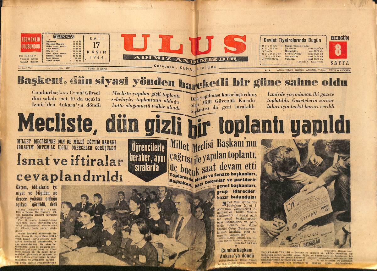 Ulus Gazetesi 17 Kasım 1964 - Kıbrıs'a Yardım Malzemesi Gidecek - Mecliste , Dün Gizli Bir Toplantı Yapıldı GZ150642 - 1