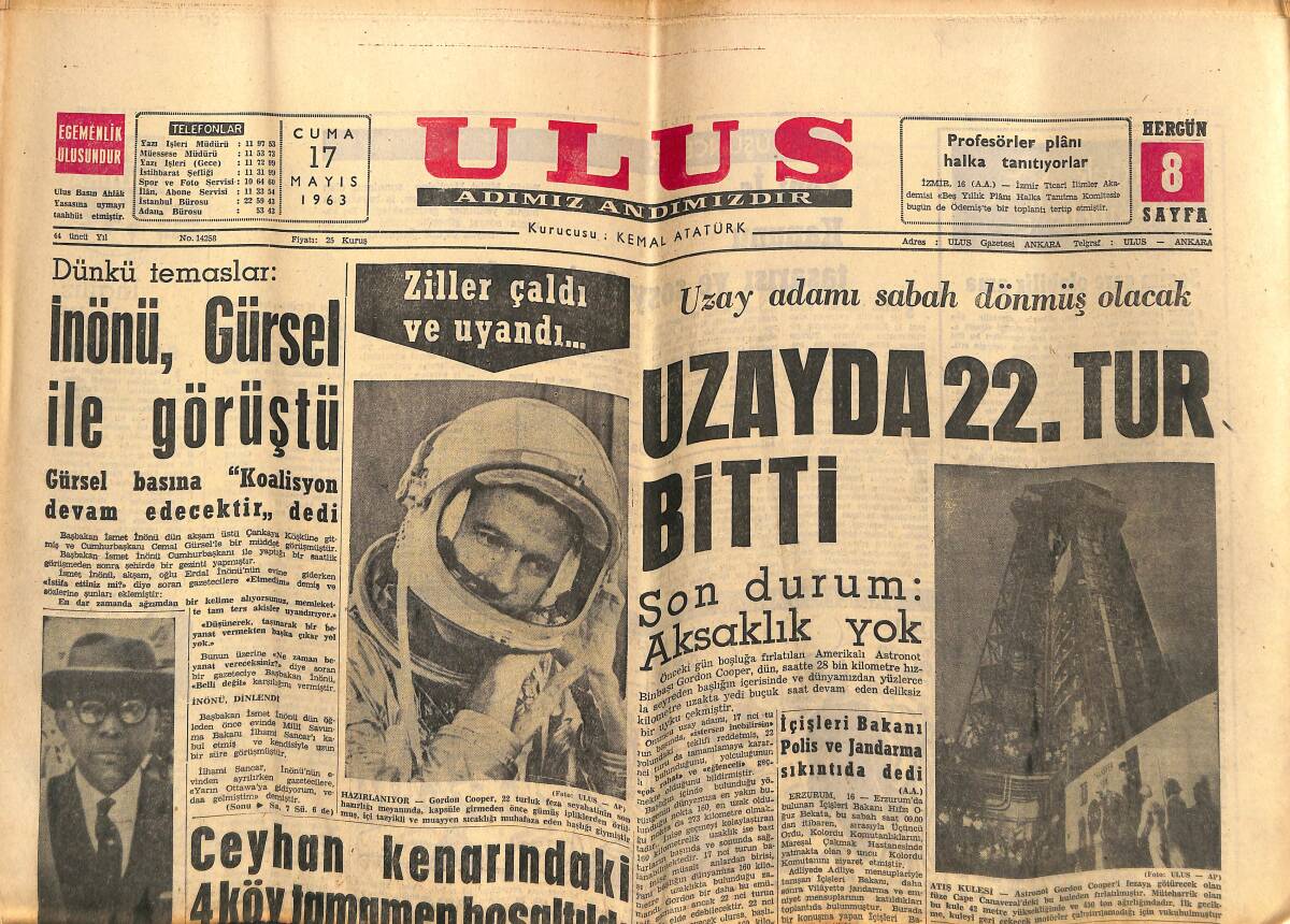 Ulus Gazetesi 17 Mayıs 1963 - Uzayda 22. Tur Bitti - Beyaz Saray'da Bir Zenci Yakalandı GZ151446 - 1