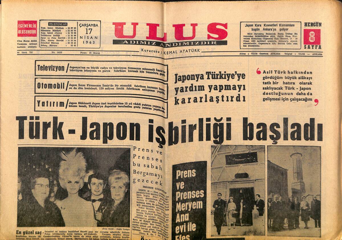 Ulus Gazetesi 17 Nisan 1963 - Türk-Japon İşbirliği Başladı - Fenerbahçe Maçı İçin Galatasaray Kampa Giriyor GZ150714 - 1
