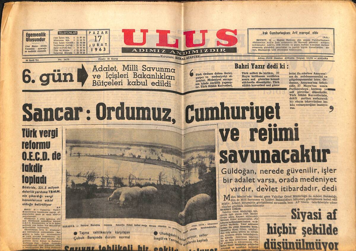 Ulus Gazetesi 17 Şubat 1963 - Sancar: Ordumuz Cumhuriyet Ve Rejini Savunacaktır - Film Yapımında Türkiye Sekizinci GZ152616 - 1