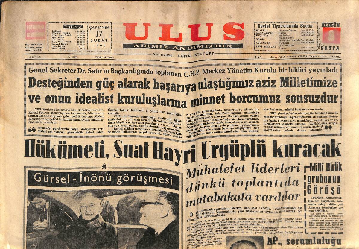 Ulus Gazetesi 17 Şubat 1965 - Hükümeti, Suat Hayri Ürgüplü Kuracak - Grivas, Türk Mevzilerini Yıktıracağını Söyledi GZ151568 - 1