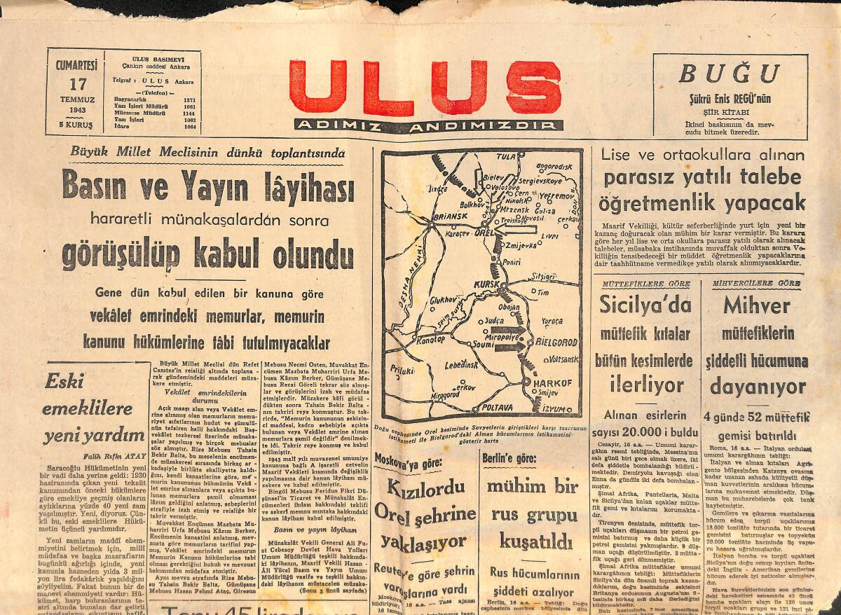 Ulus Gazetesi 17 Temmuz 1943 - Basın Ve Yayın Lâyihası Görüşülüp Kabul Olundu GZ146695 - 1