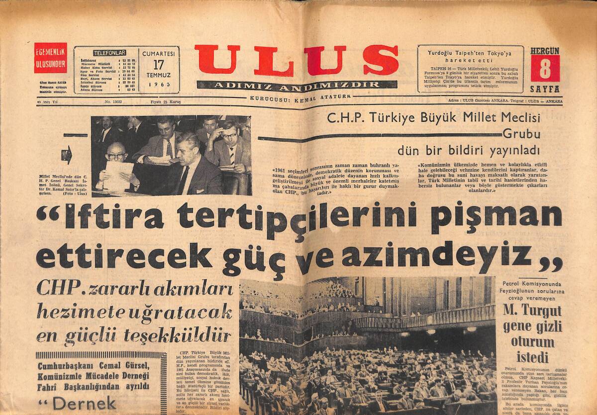 Ulus Gazetesi 17 Temmuz 1965 - Yeni İş Kanunu Millet Meclisinde Kabul Edildi - Mariner Görev Yapıyor GZ147258 - 1