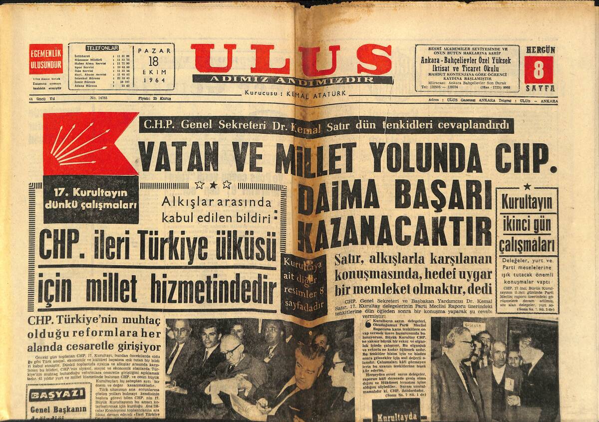 Ulus Gazetesi 18 Ekim 1964 - Wilson Yeni İngiliz Kabinesini Kuruyor - CHP Kurultayından Resimler GZ150630 - 1