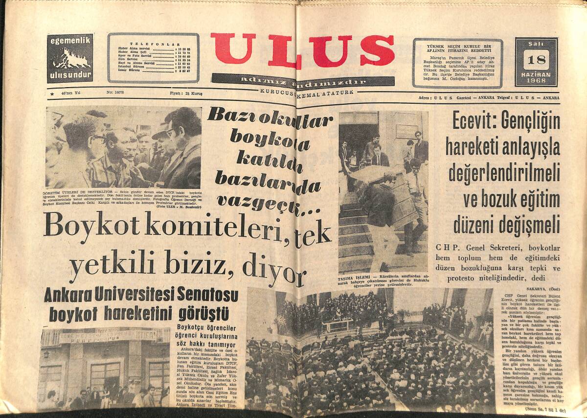 Ulus Gazetesi 18 Haziran 1968 - Ankara Üniversitesi Senatosu Boykot Hareketini Görüştü - Kırkpınar Pehlivanı Ordulu Mustafa GZ152602 - 1