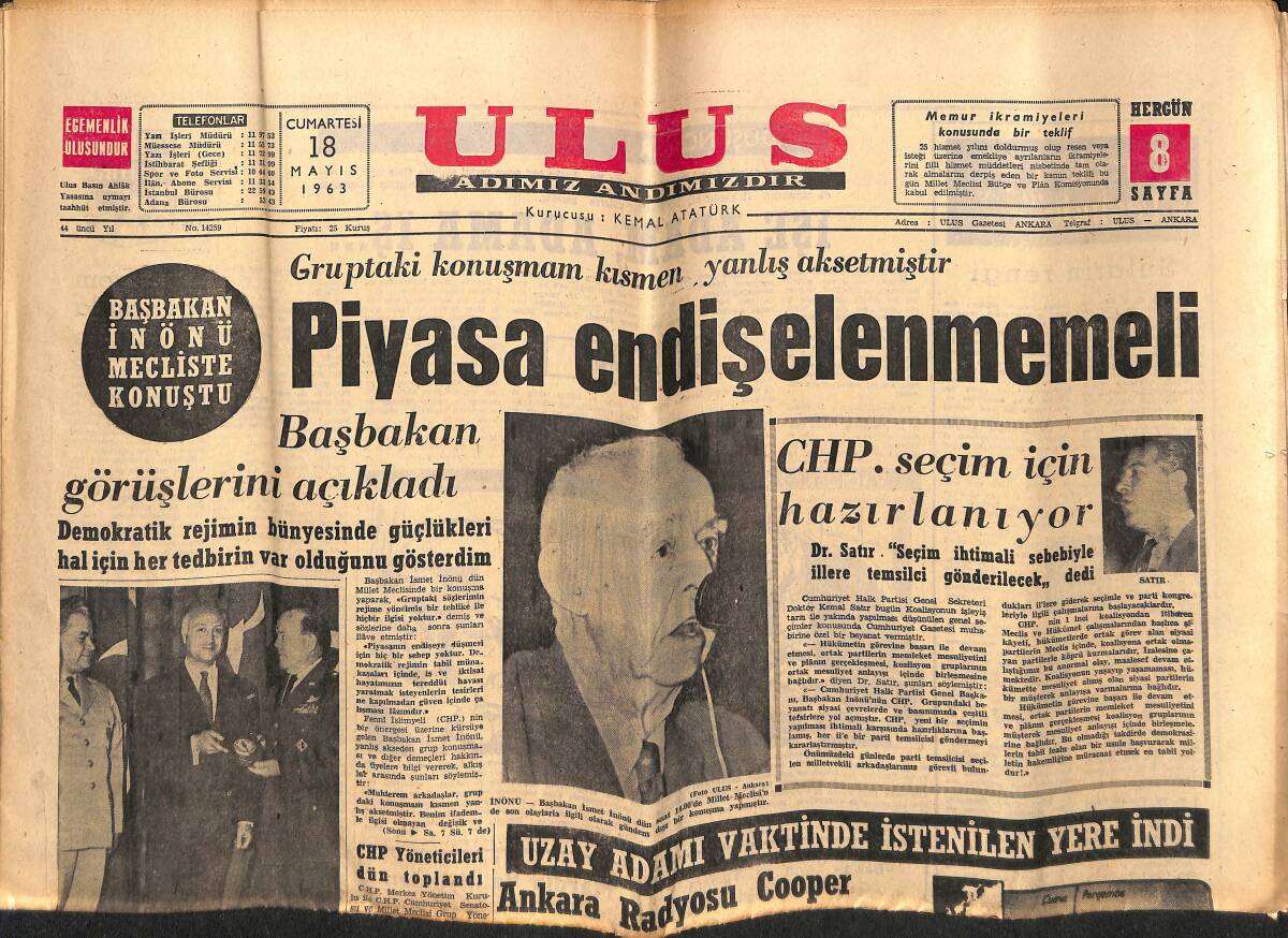 Ulus Gazetesi 18 Mayıs 1963 - Uzay Adamı Vaktinde İstenilen Yere İndi - Ankara Radyosu Cooper İle İrtibata Mani Oldu GZ151447 - 1