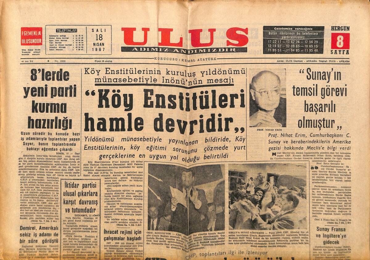 Ulus Gazetesi 18 Nisan 1967 - Alman Asıllı Güzel Monika Şöhret Yolunda - Sunay'ın Temsil Görevi Başarılı Olmuştur GZ150764 - 1