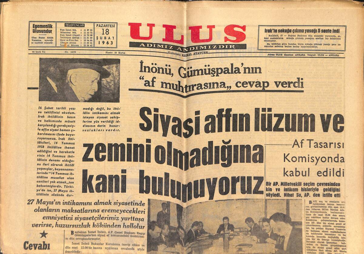Ulus Gazetesi 18 Şubat 1963 - Mardin Ve Turizm - İnönü, Gümüşpala'nın Af Muhtırasına Cevap Verdi GZ151623 - 1