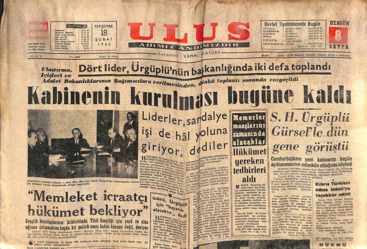 Ulus Gazetesi 18 Şubat 1965 - Kıbrıs Türkleri Adına İnönü'ye Teşekkür Edildi - Liz Taylor'un Benzeri GZ151569 - 1