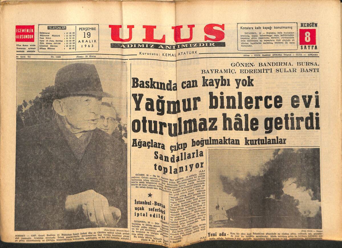 Ulus Gazetesi 19 Aralık 1963 - NATO Türkiye'nin Durmunu İnceleyecek - İnönü, Her Şeyin Başında Mali Kudret Gelir Dedi GZ150249 - 1