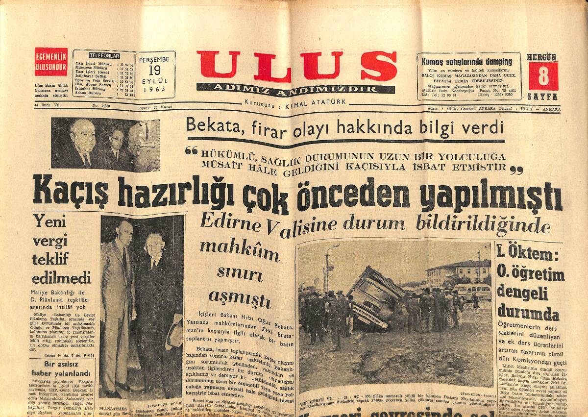 Ulus Gazetesi 19 Eylül 1963 - Churchill'e Tavsiyede Bulunan Şoförün Serüveni - Milli Takımımız Polonya'ya Gitti GZ147270 - 1