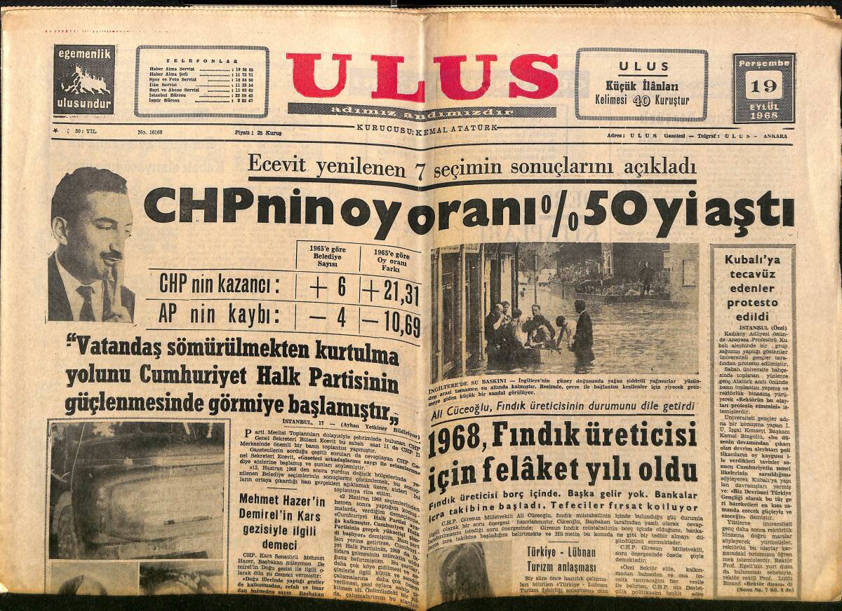 Ulus Gazetesi 19 Eylül 1968 - CHP'nin Onayı Yüzde Elliyi Aştı - Nasır'ı Devirmek İçin Yeni Bir Komplo Var GZ150772 - 1