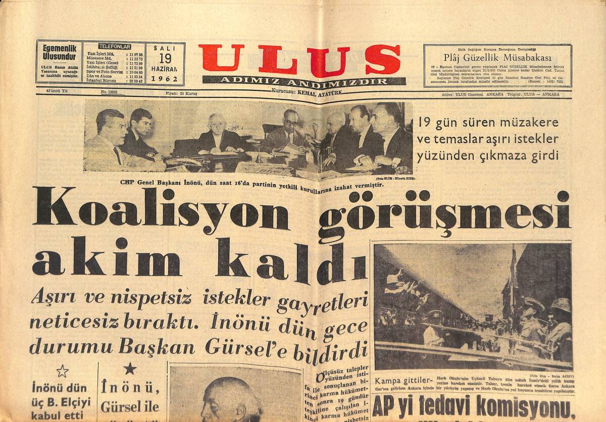Ulus Gazetesi 19 Haziran 1962 - Ankaragücü'nün Avrupa Turnesi - Karakayalılar Ulus'ta GZ146864 - 1